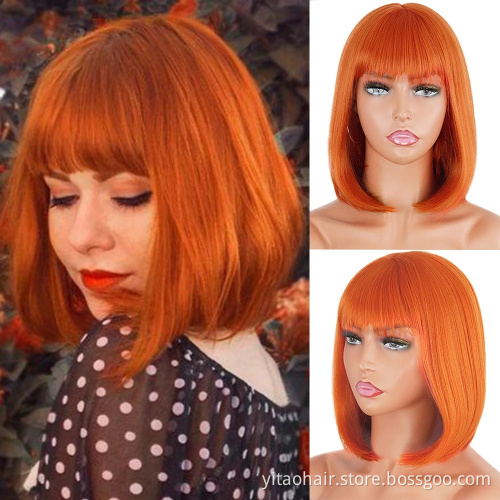Anogol Cheap colorful  Synthetic hair Bob Wigs With Bangs  copper ginger orange  silk straight synthetic hair  wigs